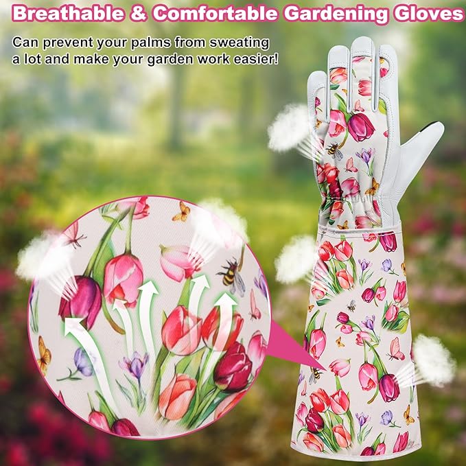 DLY Gardening Gloves for Women, Rose Gloves Gardening Thorn Proof, Long Garden Gloves for Women, Breathable Cowhide Leather Gauntlet(X-Large,White)-VerdiqueGarden