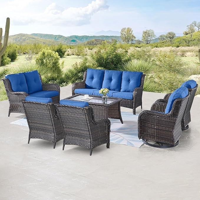 Outdoor Wicker Furniture Patio Set - 7 Piece Backyard Furniture Brown Rattan Conversation Sets with Swivel Rocker Chairs, Rattan Sofa, Club Chairs and Coffee Table, Blue Cushion-VerdiqueGarden