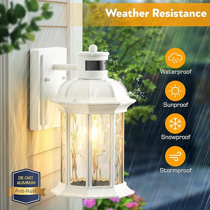 VIANIS White Motion Sensor Exterior Wall Light Lantern, Modern Dusk to Dawn Outdoor Porch Light Fixtures Wall Mount, Waterproof Outdoor Wall Sconce for Garage Entrance with Tempered Water-Ripple Glass-VerdiqueGarden