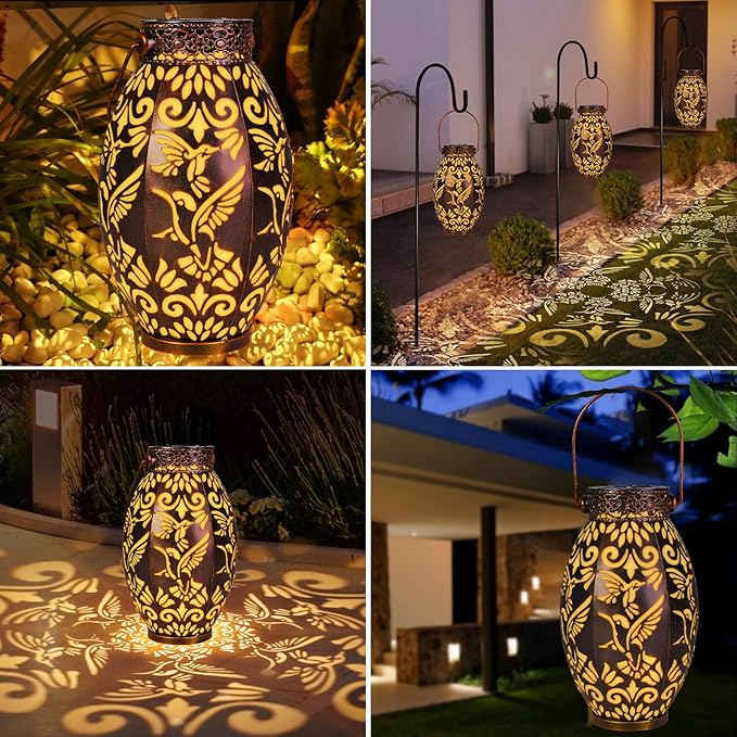 Hummingbird Lantern 2 Pack Solar Lanterns Outdoor Hanging Solar Lights, Upgraded Metal Garden Lanterns - Waterproof LED Decorative Light for Garden Patio Yard Gifts for Mom Grandma Women-VerdiqueGarden