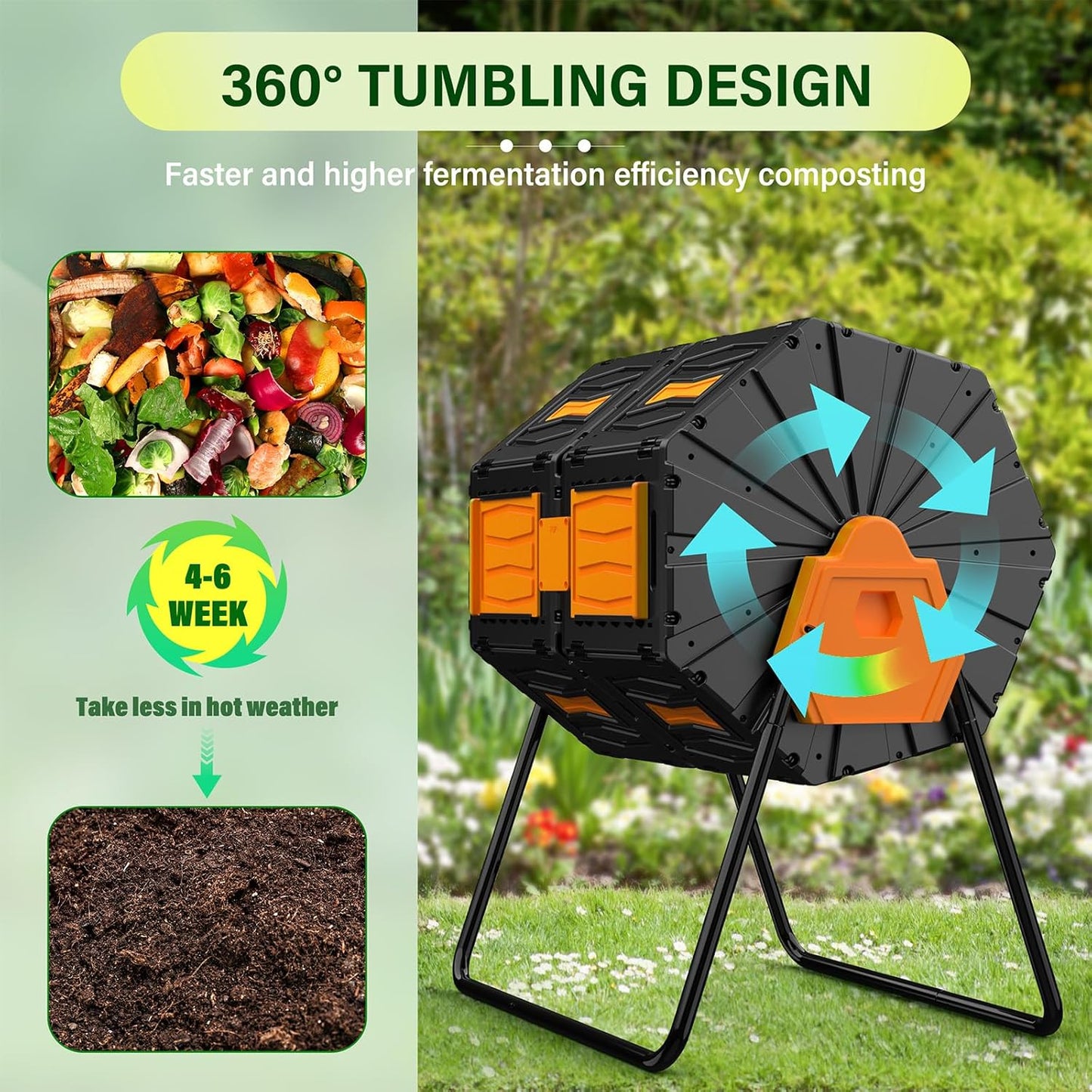 Compost Bin Outdoor, 45 Gallon / 170L Composter Tumbler, 360° Rotating Compost Bin Outdoor, BPA-Free Fast-Working All-Season Heavy-Duty Dual Chamber Compost Tumbler for Garden Kitchen Yard Waste-VerdiqueGarden