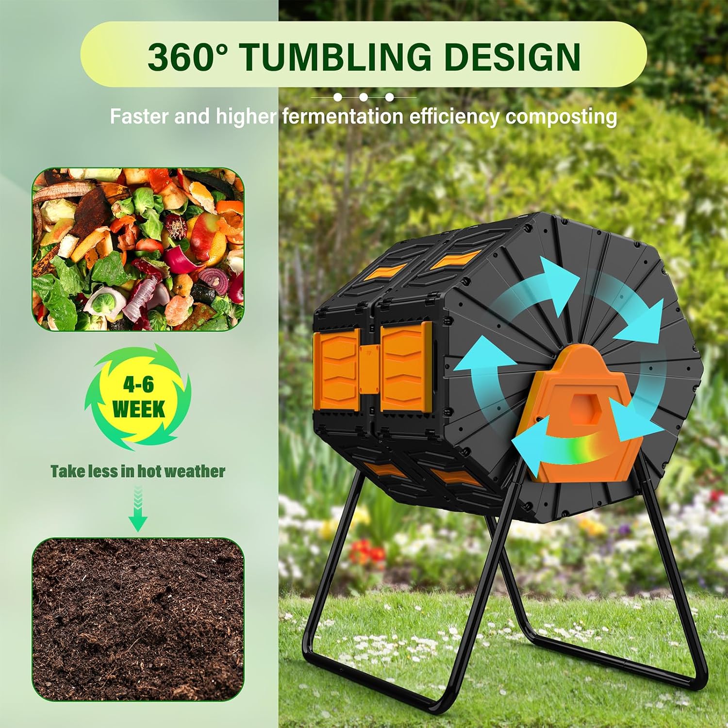 Compost Bin Outdoor, 45 Gallon / 170L Composter Tumbler, 360° Rotating Compost Bin Outdoor, BPA-Free Fast-Working All-Season Heavy-Duty Dual Chamber Compost Tumbler for Garden Kitchen Yard Waste-VerdiqueGarden