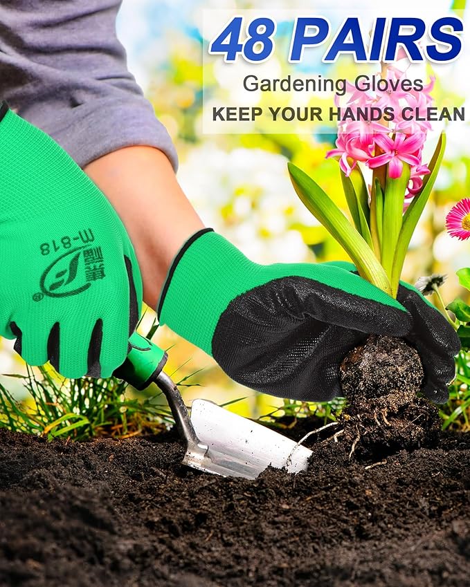 Nuogo 48 Pairs Gardening Gloves for Men Women Rubber Coated Safety Work Gloves Bulk for Gardening Construction Work-VerdiqueGarden