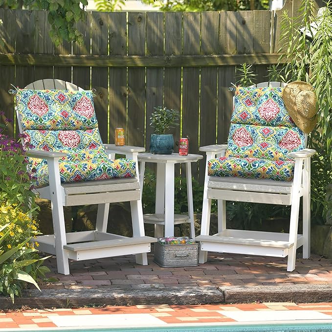 LVTXIII Outdoor Seat/Back Chair Cushion Patio Tufted High Back Cushion, Seasonal Replacement Rocking Chair Cushion with Ties, 22” W x 20D”, Set of 2, Damask Red-VerdiqueGarden