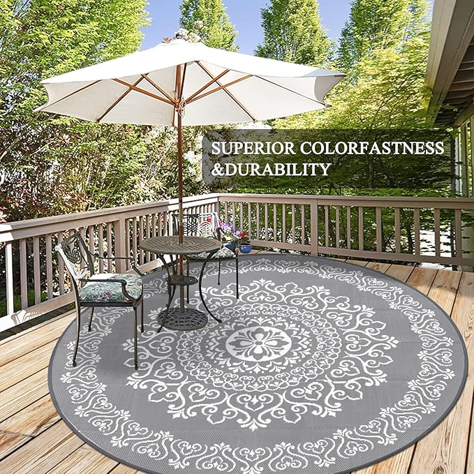 Pauwer Waterproof Outdoor Rug 8ft, Reversible Plastic Straw Patio Camping Rug, Indoor Outdoor RV Mat Carpet for Deck, Camper, Porch, Balcony, Backyard, Picnic, Floral Grey-VerdiqueGarden