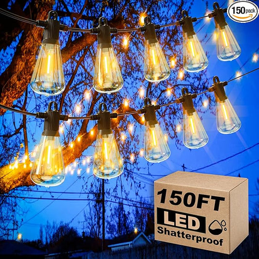 Outdoor String Lights, 150FT LED Patio Lights with 72+3 ST38 Vintage Edison Shatterproof Bulbs, Waterproof Connectable Dimmable Outside Hanging Lights for Backyard Bistro Porch Gazebo(75FTx2)-VerdiqueGarden