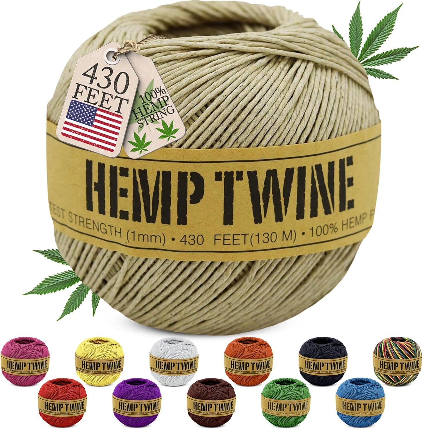 Hemp Twine for Gardening - Twine for Crafts - Organic Natural Hemp String for Jewelry Making - Strong Durable Cord for Decoration, Macrame + Cooking - 1MM 100G/430 Ft. - 20 lb. Test Strength - Natural-VerdiqueGarden