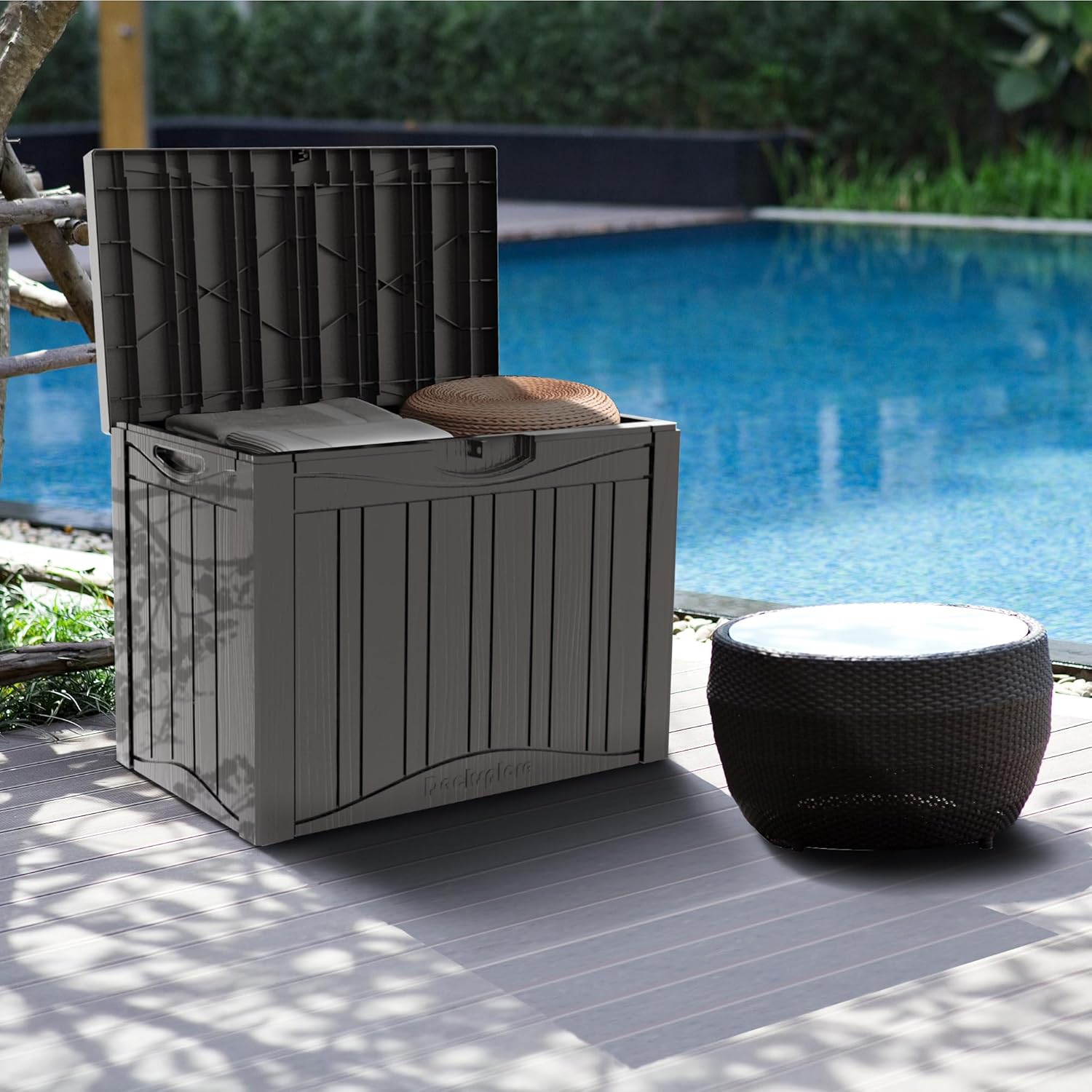 50GAL Brown Deck Box with Special Pattern & Lock Hole – Waterproof, SGS - Approved UV Resistance, Stylish Storage for Outdoor Cushions & Decor, Effortless Assembly-VerdiqueGarden