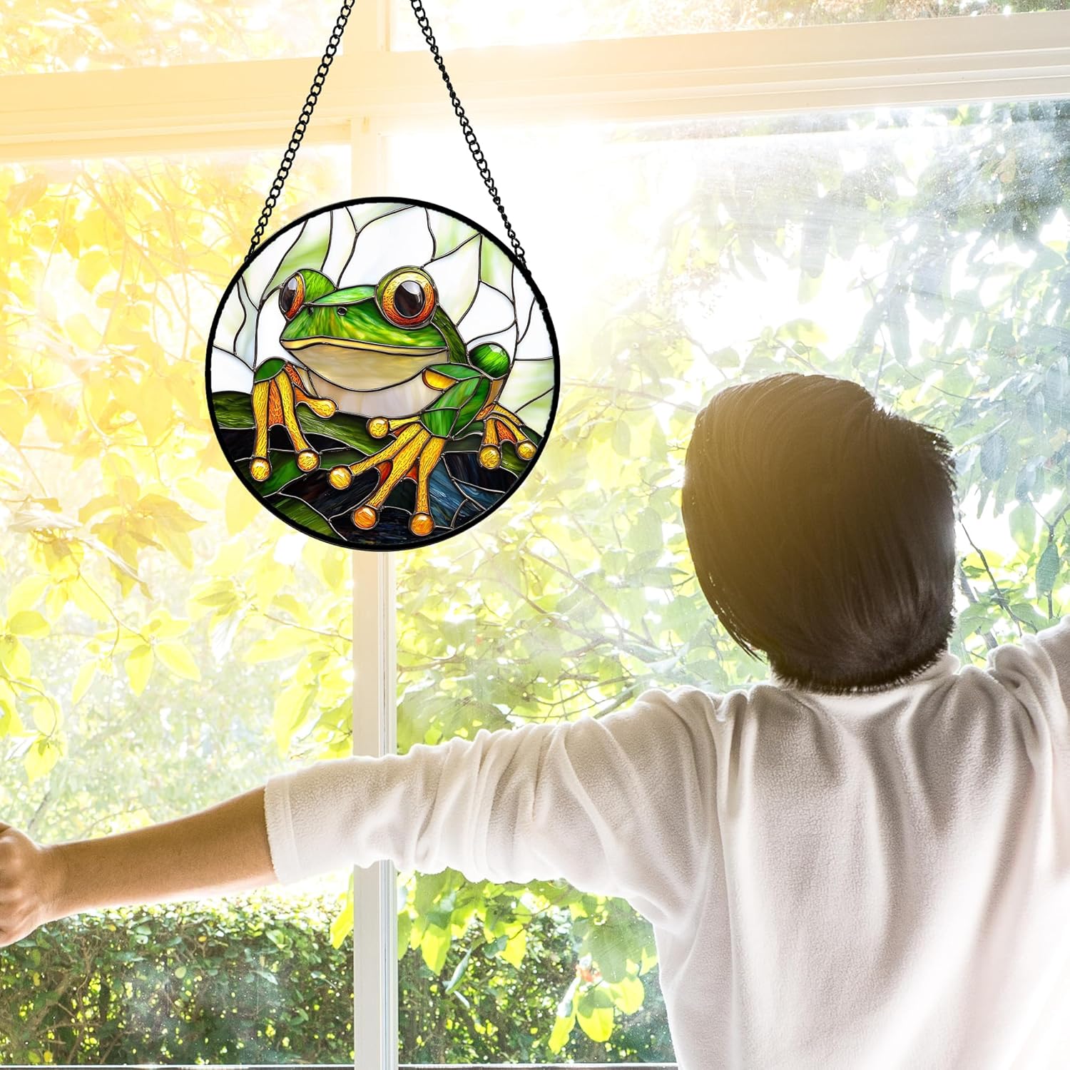 Stained Glass Window Hanging, Green Frog White Petals Sun Catchers Colorful Glass Panel Cute Suncatcher Decor for Birthday for Women, Men, Wife, Aunt, and Mom 6.3 in-VerdiqueGarden