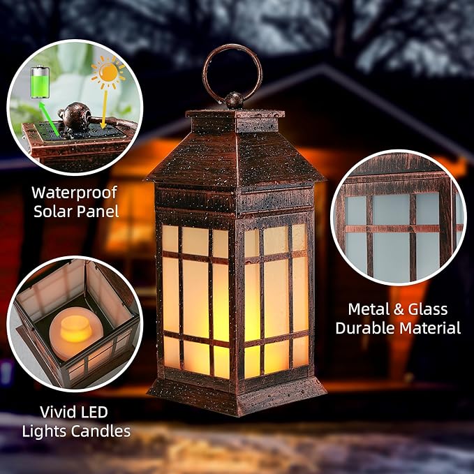18" Glass Solar Lanterns Outdoor Waterproof, Large Solar Flickering Flame Lantern, Outdoor Lantern Decorative Metal Solar Garden Light for Patio Garden Backyard Outside Tabletop Decor(Vintage Copper)-VerdiqueGarden