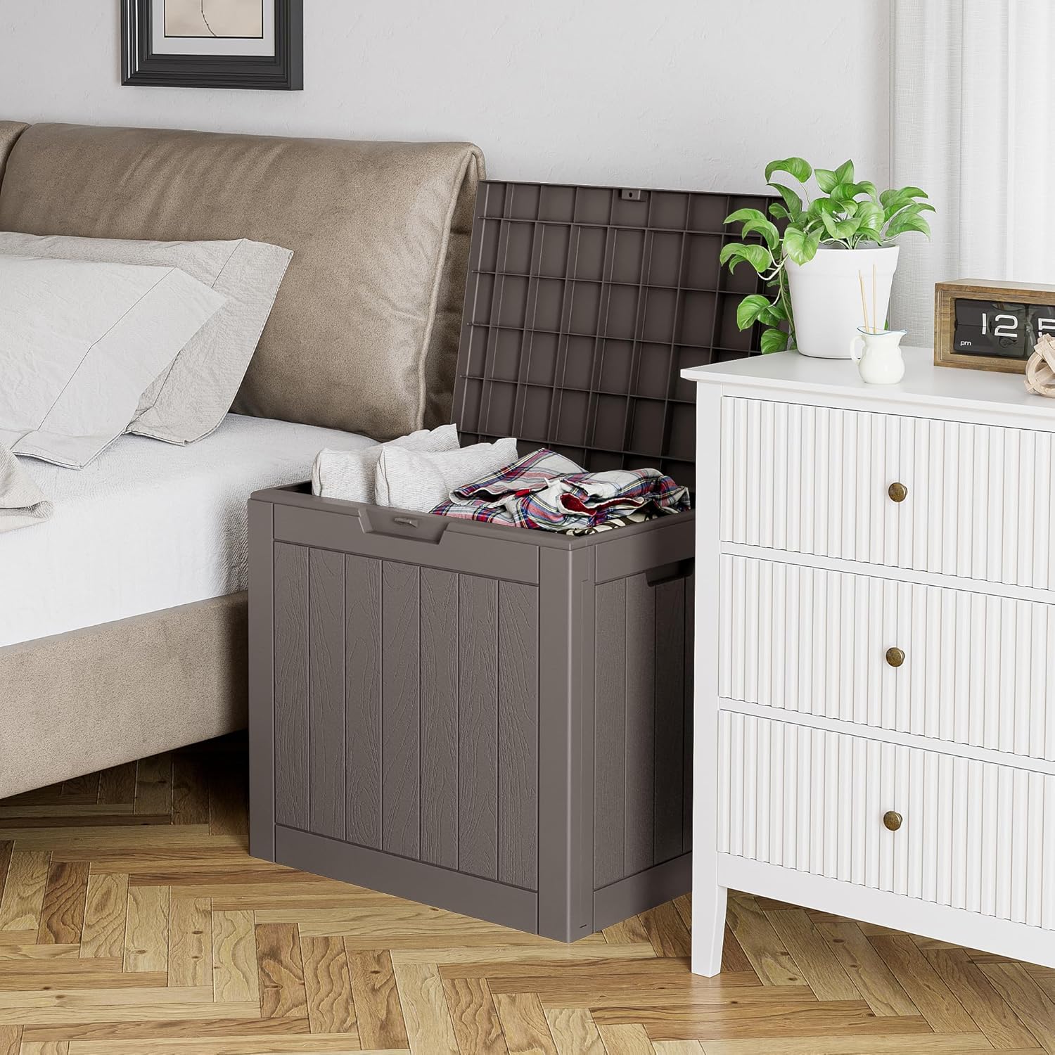 32 Gallon Deck Box Lockable Resin Indoor Outdoor Storage Box waterproof Outdoor Container for Patio Furniture, Pool Accessories, Cushions, Garden Tools, Sports Equipment-VerdiqueGarden