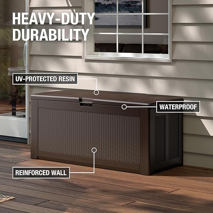 Rubbermaid Extra Large Resin Outdoor Storage Deck Box (134 Gal), Weather Resistant, Brown, Deck Organization for Home/Backyard/Pool Chemicals/Toys/Garden Tools/Porch/Patio Cushions-VerdiqueGarden