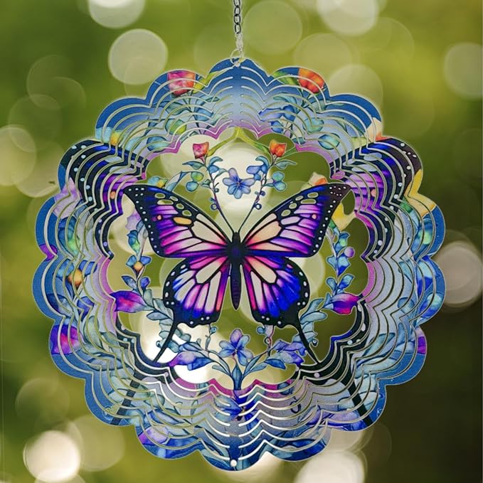 Wind Spinners 2 Pack Metal Butterfly - Butterfly Gifts for Women Mom Grandma Wife, Hanging Wind Spinner for Outdoor & Indoor Decorations, 12 inch 3D Wind Spinner for Ornament Gifts-VerdiqueGarden