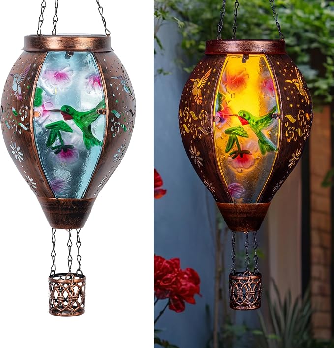 Hummingbird Hot Air Balloon Solar Lantern, Metal & Glass Flickering Flame Light Solar Lantern, Hanging Waterproof Solar Lanterns Outdoor for Garden Patio Tree Decoration-VerdiqueGarden