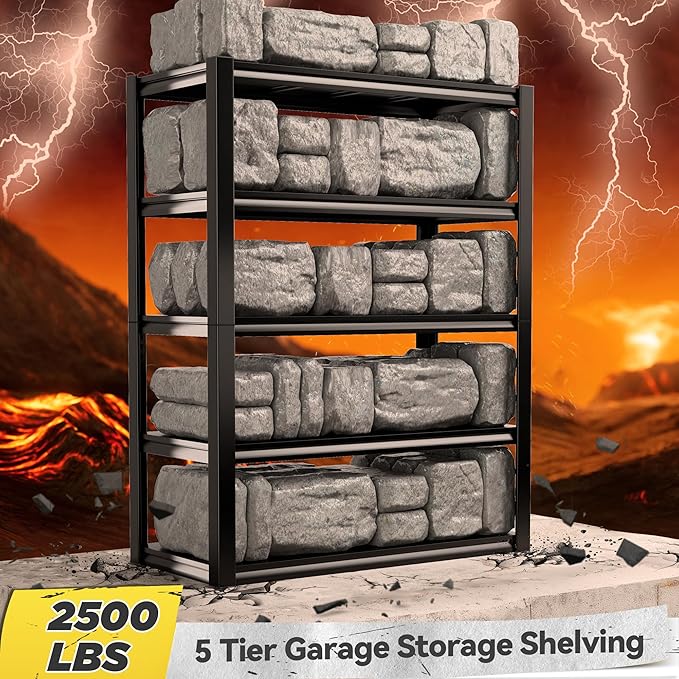 REIBII Garage Shelving Heavy Duty Garage Storage Shelves, Extra Large Adjustable Storage Rack with 5 Tier Metal Shelving Unit, 2500LBS Loads Heavy Duty Shelf, Easy Assembly, 2 Pack-VerdiqueGarden