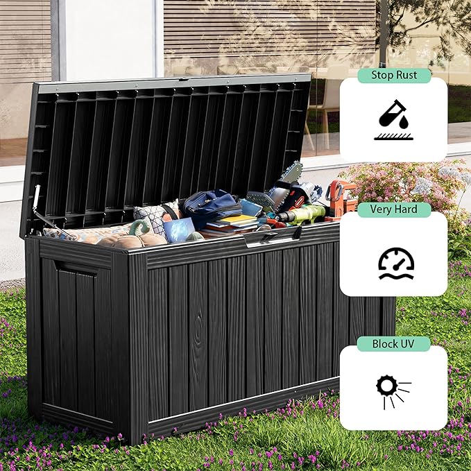 86 Gallon Outdoor Deck Box,Storage Lockable Waterproof Patio Furniture,Garden Tools,Cushions,Pool Accessories Outside Storage Resin Box(Black)-VerdiqueGarden