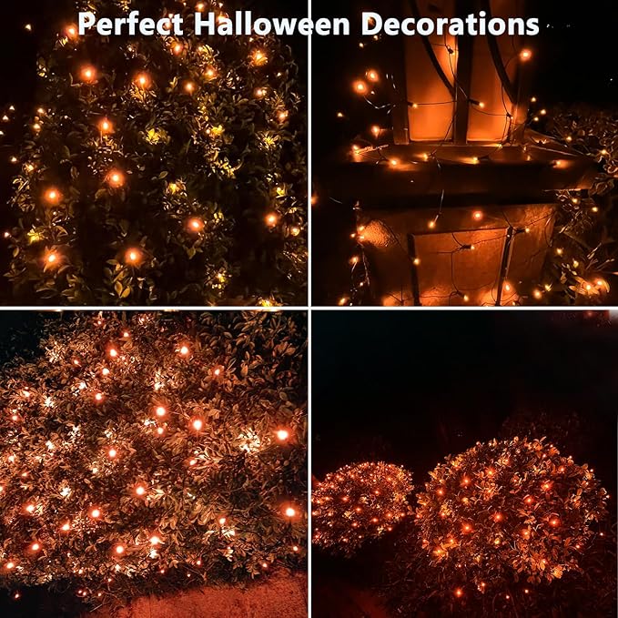 HISHINY Halloween Lights Outdoor,100LED 5ftx5ft Orange Net Lights with Connectable, Waterproof,UL Certified and Durable Green Wire Design for Bushes,Shrubs,Halloween Decorations Outdoor-VerdiqueGarden