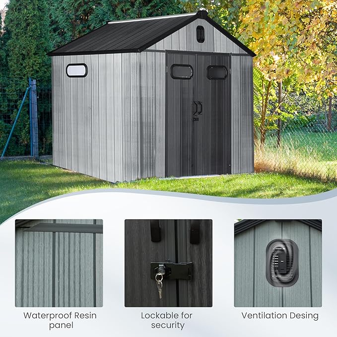 Domi 8x6 FT Outdoor Resin Storage Shed, All-Weather Double-Wall Storage Building for Backyard, Garden, Lawn Tools, Mower, Bike & Pool Equipment, Lockable Doors, Ventilated Roof, Grey-VerdiqueGarden