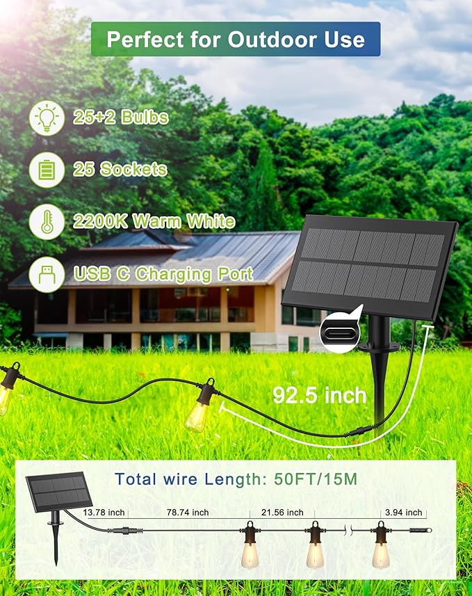 Solar String Lights Outdoor Waterproof 50FT with USB Port and 27 Shatterproof ST38 Bulbs(2 Spare), LED Solar Powered Patio Lights for Outside, Porch, Backyard, Bistro, Garden, Market - 2200K-VerdiqueGarden