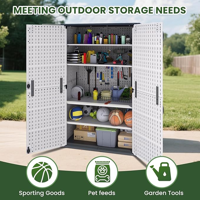 Greesum Outdoor Storage Cabinet Without Shelves, 45 cu.ft Outdoor Waterproof Storage Shed for Garden Tools, Pool Storage, Garbage Cans, White-VerdiqueGarden