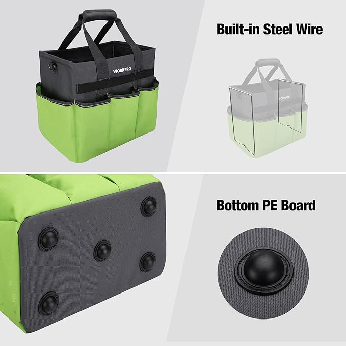 WORKPRO Garden Tool Bag Organizer, Heavy Duty Gardening Tote Bag with 10 Pockets and Long Adjustable Shoulder Strap, Standable Garden Home Tool Kits Organizer, Green-VerdiqueGarden