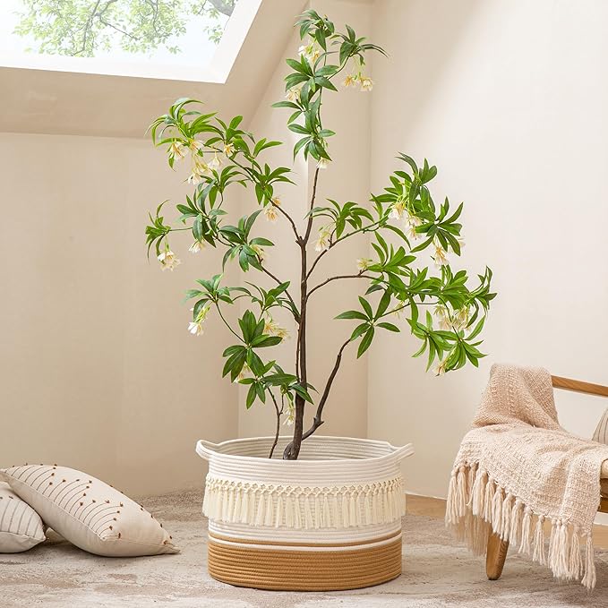 KAKAMAY Large Blanket Basket (20"x13"),Woven Baskets for storage Baby Laundry Hamper, Cotton Rope Blanket Basket for Living Room, Laundry, Nursery, Pillows, Baby Toy chest (White Fringe)-VerdiqueGarden