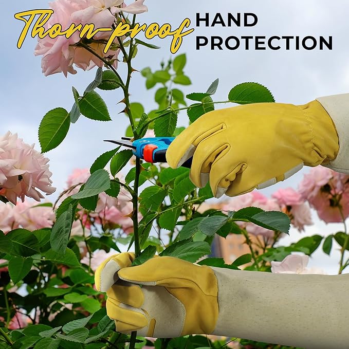 HANDLANDY Rose Pruning Gardening Gloves for Men Women, Thorn Proof Forearm Protection Leather Garden Gloves, Gardening Gifts for Gardeners (Yellow- goatskin, Medium (Pack of 1))-VerdiqueGarden