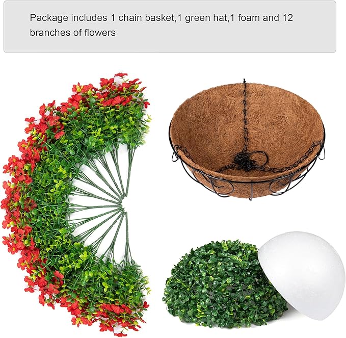 Artificial Fake Hanging Red Plants Flowers Basket for Outdoor Fall Winter Christmas, Faux Silk Daisy Mums Look Real UV Resistant for Outside Porch Home Patio Garden Yard Decoration-VerdiqueGarden