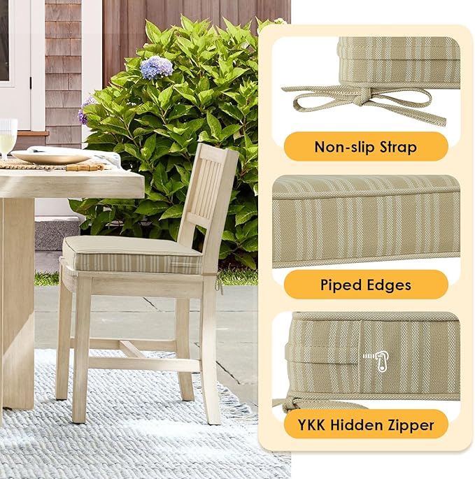 Outdoor Square Corner Seat Cushion, 18.5"x16"x3", Set of 4, Non Slip Seat Cushion Pads with Removable Cover for Patio Furniture, Garden Yard Lawn, Beige Brown Stripe-VerdiqueGarden