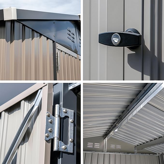 Metal Outdoor Galvanized Steel Storage Shed with Lockable Doors for Backyard or Patio Storage of Bikes, Grills, Supplies, Tools, Toys, for Lawn, Garden, and Camping, Tan (8x6)-VerdiqueGarden