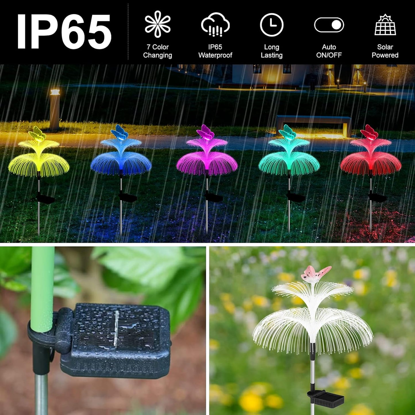 Solar Garden Lights Waterproof 3 Pack Solar Lights Outdoor Decorative 7 Color Changing Double Jellyfish and Butterfly Flower Garden Decor Yard Christmas Pool Outdoor, Gifts for Mother's Women-VerdiqueGarden