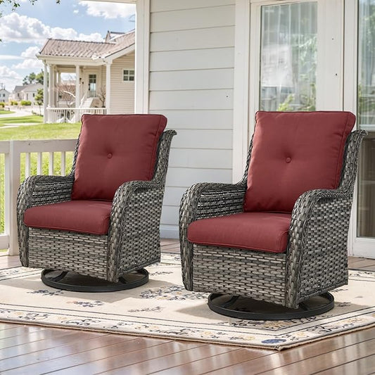Outdoor Swivel Rcoker Wicker Chairs - Swivel Patio Chairs Set of 2 Patio Furniture Sets with Covered Cushion for Porch Deck Balcony Backyard, Red-VerdiqueGarden