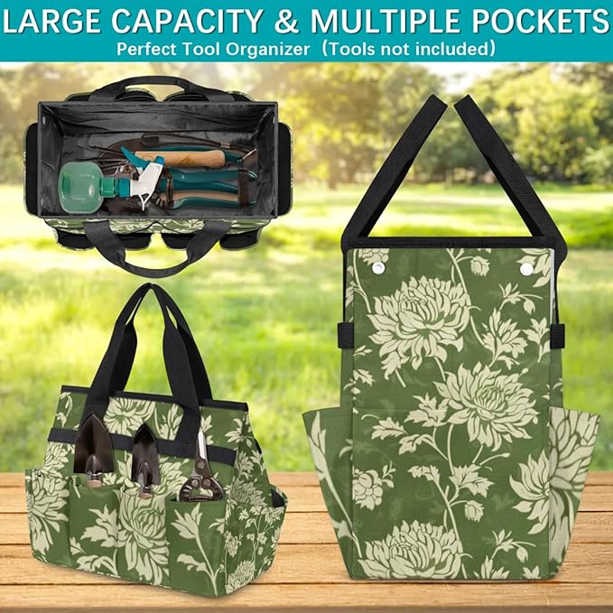 Spring Leaves Gardening Tool Bag,Heavy Duty Garden Tote Bag,Portable Oxford Gardening Storage Basket Organizer Handbag with Pockets Handle,Hand Tools Gifts for Outdoor Garden Lawn Yard-VerdiqueGarden