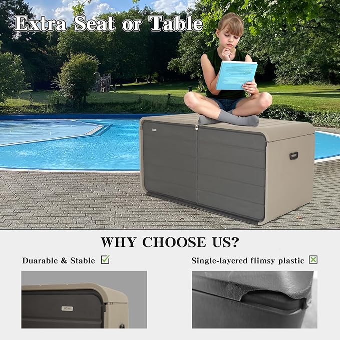 Domi 200 Gallon Resin Deck Box, Waterproof & UV-Resistant Outdoor Large Storage Box Lockable Storage Bin for Patio Cushions Pool Supplies Garden Tools and Delivery Storage-VerdiqueGarden