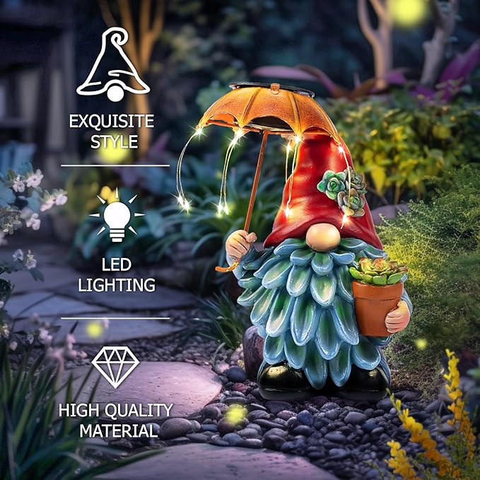 Solar Outdoor Statues Gnome Garden Decor, Garden Gnome with Solar LED Umbrella Decorative for Patio, Balcony, Lawn, Yard Ornament - Unique Gardening Gifts for Mom Grandma-VerdiqueGarden