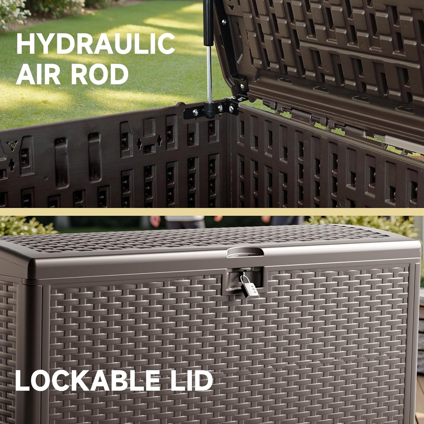 150 Gallon Deck Box, Double Layer Waterproof Resin Outdoor Indoor Storage Box, Lockable & UV Resistant Storage Bin for Patio Furniture, Garden Tools, Pool Accessories (Brown)-VerdiqueGarden