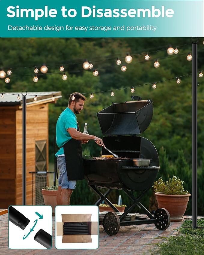 LAND·VOI 4 Pack String Light Poles, 9FT Heavy Duty Metal Light Poles for Outside String Lights, Outdoor light poles with 5 Prong Fork, Light Pole Stand for Patio, Backyard, Garden, Deck, Black FLP14B-VerdiqueGarden