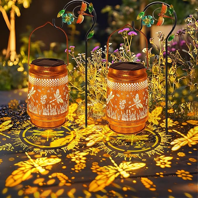 2 Pack Solar Lanterns Outdoor Garden Decor with Shepherd Hook, Gardening Gifts for Mom Grandma Women Dragonfly Metal Decor Lantern Waterproof Solar Lights LED Decorative for Garden Yard Patio-VerdiqueGarden