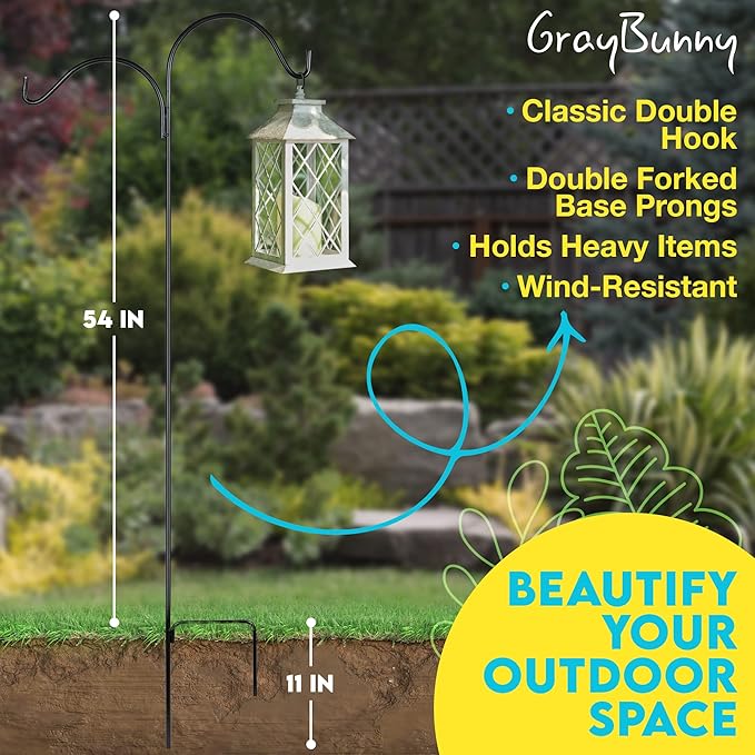 Gray Bunny Dual Sided Shepherds Hooks for Outdoor - 65" Heavy Duty Metal Bird Feeder Pole & Lantern Pole, 1/2" Thick Plant Hangers Outdoor, Great for Weddings Décor & Mason Jars - Black-VerdiqueGarden