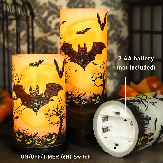 Halloween Decorations LED Candles with Bats Moon Big House Pumpkin Battery Operated Remote Timer Dim Glitter Design Real Wax Realistic Flickering Flameless Pillar for Horror Spooky Decor-VerdiqueGarden