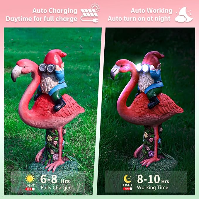 Solar Flamingo Gnome Garden Decor Statue, Outdoor Funny Solar Light Decoration for Yard, Patio, Lawn, Unique Housewarming, Birthday Gift for Women, Mom, Grandma-VerdiqueGarden