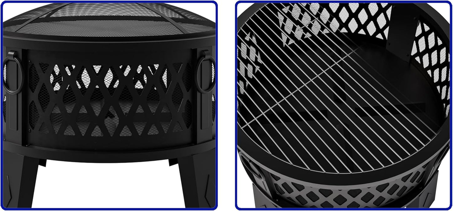 Fire Beauty 26" Steel Fire Pit with Grill & Diamond Mesh Design,360° Airflow Tech for 80% Less Smoke,XL Flames,Heavy-Duty Portable Outdoor Fire Bowl for Camping, Backyard, Beach (22lbs, 4 Handles)-VerdiqueGarden