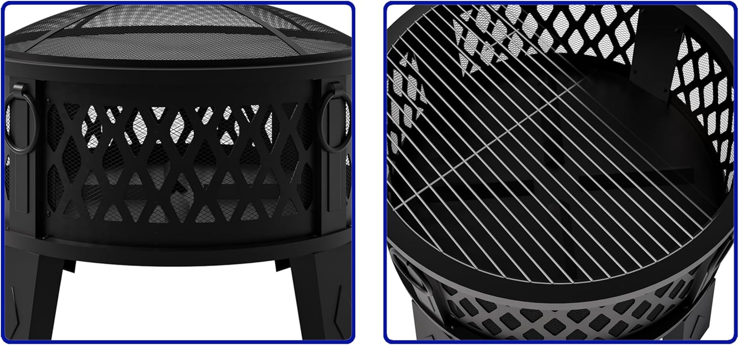 Fire Beauty 26" Steel Fire Pit with Grill & Diamond Mesh Design,360° Airflow Tech for 80% Less Smoke,XL Flames,Heavy-Duty Portable Outdoor Fire Bowl for Camping, Backyard, Beach (22lbs, 4 Handles)-VerdiqueGarden