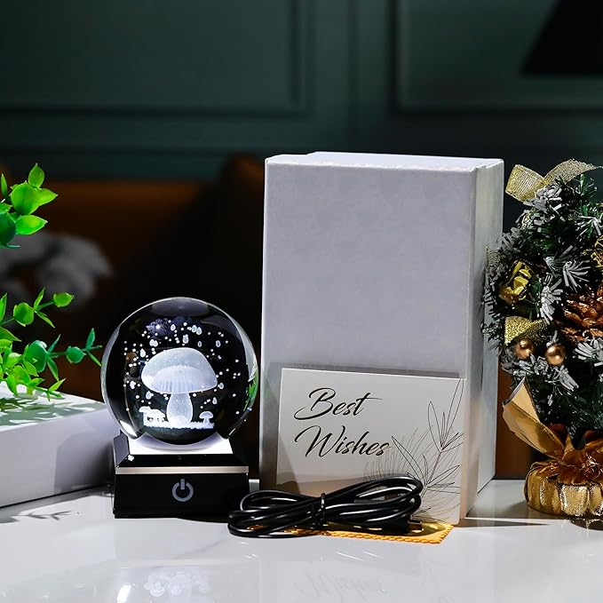 Qianwei 3D Crystal Ball Night Light - 3.14'' Mushroom Decor Glass Plants Lamp Figurines Statue for Room Decoration-VerdiqueGarden