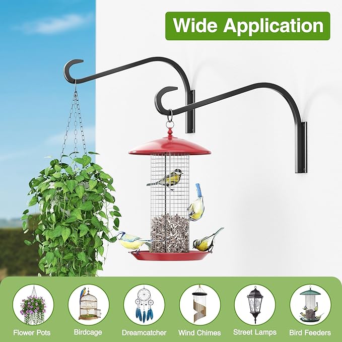 12 Inch 4 Pack Plant Hangers for Indoor/Outdoor Wall Mount - Heavy Duty Hanging Plant Holder & Bird Feeder Hooks, Decorative Black Metal Wall Hangers for Plants, Flower Baskets-VerdiqueGarden