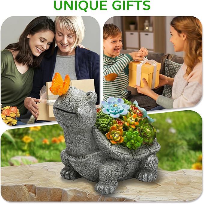 Solar Garden Outdoor Statues Turtle with Succulent Butterfly 8 LED Lights, Lawn Decor Tortoise Figurine for Patio Balcony Yard, Yard Unique Christmas Birthdays Gift for Mom Grandma-VerdiqueGarden