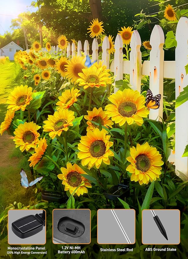 Brightown Outdoor Solar Garden Lights - 4 Pack LED Solar Flower Lights with Larger & More Realistic Sunflowers, Bigger Solar Panel, Waterproof Solar Lights for Outside Yard Patio Garden Decorations-VerdiqueGarden