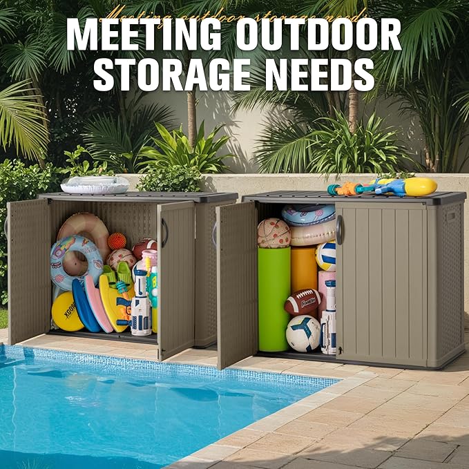 Greesum Outdoor Horizontal Storage Sheds 27 Cu.ft Resin Large Storaged Box Weather Resistance, Without Shelf, Easy to Assemble, Prefect for Garden, Patios, Backyards, Beige-VerdiqueGarden