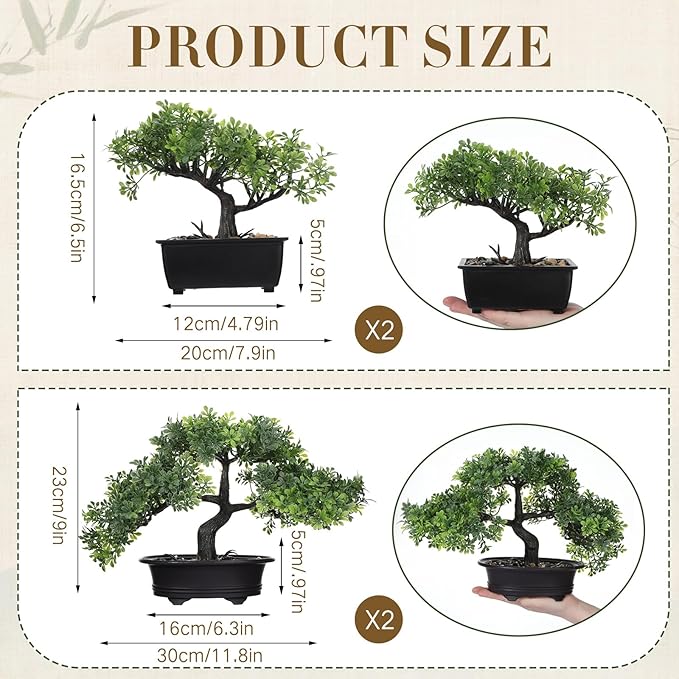 Jexine 4 Pack Artificial Bonsai Tree, Indoor Small Fake Plants in Pots for Home Table Office Desk Bathroom Shelf Bookshelf Bedroom Living Room Farmhouse Decorations-VerdiqueGarden