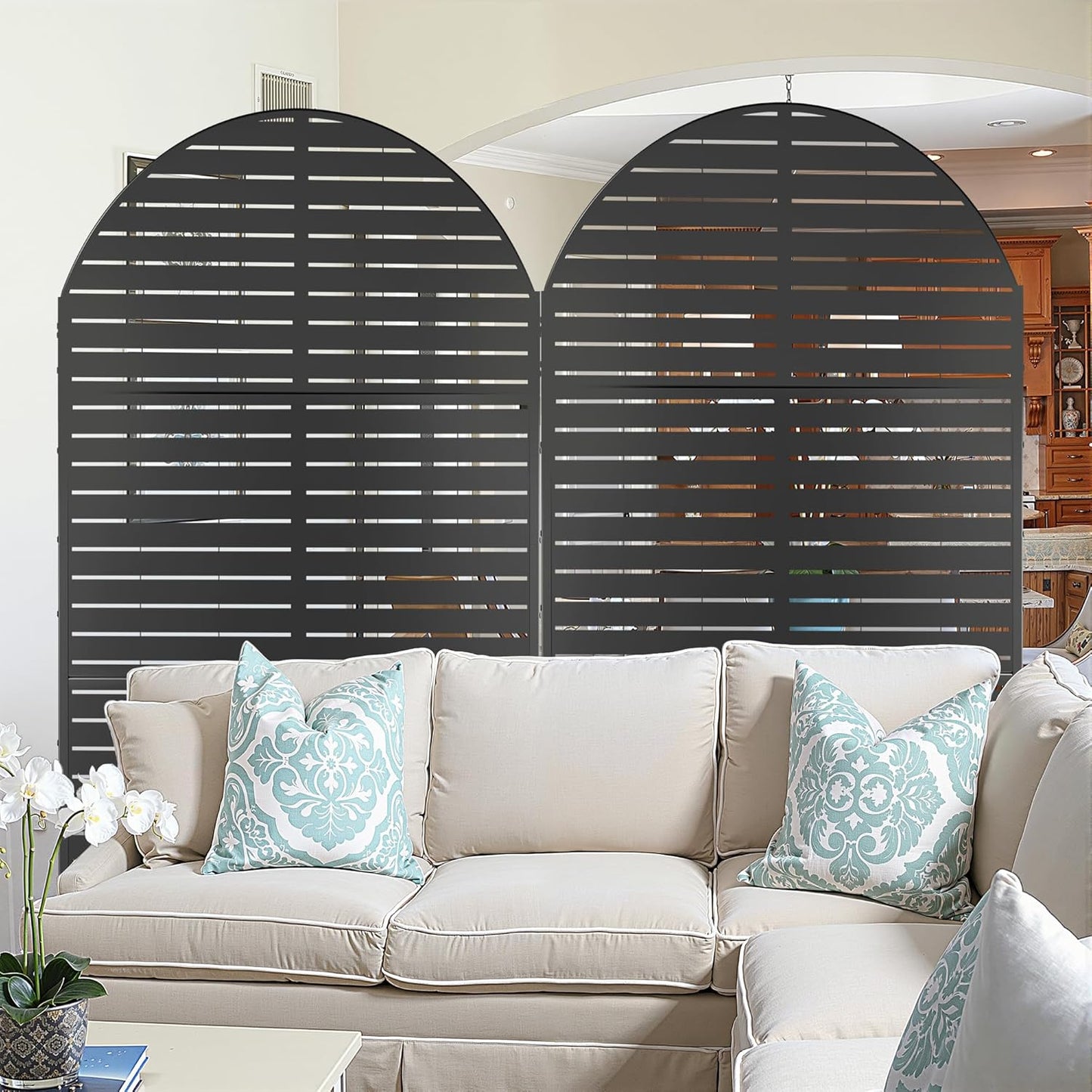Metal Privacy Screen Outdoor 72" H×47" W,Freestanding Decorative Privacy Screen for Balcony Yard&Garden, Arched Privacy Fence-Black&Louvered-VerdiqueGarden
